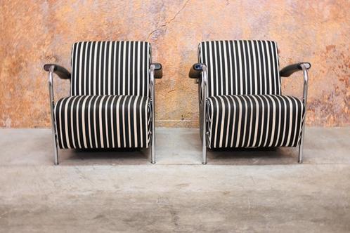 ZGAN 2 zwart wit gestreepte Leolux Scylla design fauteuils, Huis en Inrichting, Fauteuils, Zo goed als nieuw, Leer, Metaal, Stof