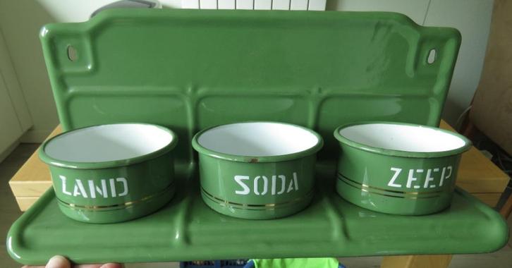 EMAILLE GROEN ZAND ZEEP EN SODA MET REKJE, Antiek en Kunst, Antiek | Emaille, Ophalen