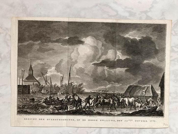 Gezicht der overstroominge, op de Hooge Swaluwe, 1776, mooi!, Antiek en Kunst, Kunst | Etsen en Gravures, Ophalen of Verzenden