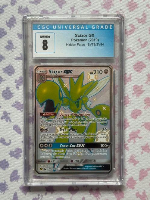 Pokémon Hidden Fates Scizor GX FA Shiny SV72 CGC 8 NM/Mint, Hobby en Vrije tijd, Verzamelkaartspellen | Pokémon, Nieuw, Losse kaart