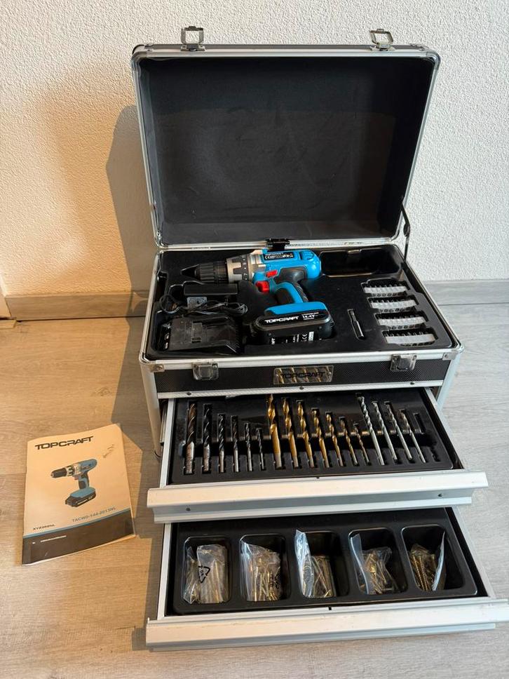 Gereedschapskoffer met accuboormachine toebehoren (Topcraft), Doe-het-zelf en Verbouw, Gereedschap | Boormachines, Gebruikt, Boor- en Schroefmachine