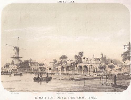 Amsterdam De Hooge Sluis van den Buiten Amstel gezien 1857, Antiek en Kunst, Kunst | Etsen en Gravures, Ophalen of Verzenden
