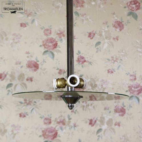 Antieke vintage Franse Art Deco design hanglamp plafondlamp, Huis en Inrichting, Lampen | Plafondlampen, Gebruikt, Glas, Metaal
