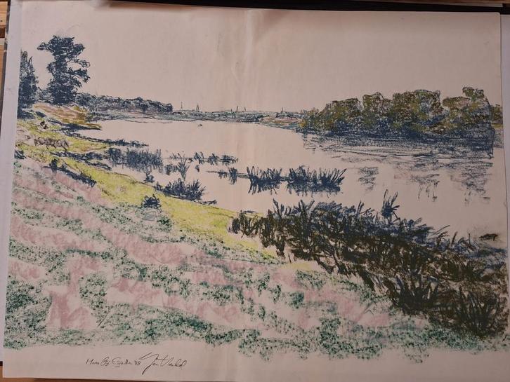 Pastel Schilderij Maas bij Eijsden, Antiek en Kunst, Kunst | Schilderijen | Abstract, Ophalen of Verzenden