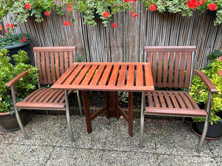 Balkonset. Tuinset. Teakhout RVS, Tuin en Terras, Tuinsets en Loungesets, Gebruikt, Tuinset, Teakhout, 2 zitplaatsen, Bijzettafel