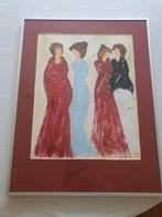 Aquarel 4 dames in jurken in mooie lijst met passe partout, Antiek en Kunst, Kunst | Schilderijen | Klassiek, Ophalen