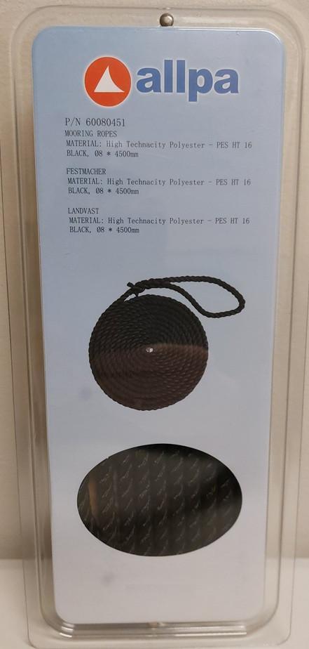 60080451 Zwart meertouw met paaloog Ø 8mm x 450 cm € 8,95, Watersport en Boten, Accessoires en Onderhoud, Nieuw, Lijn of Blok