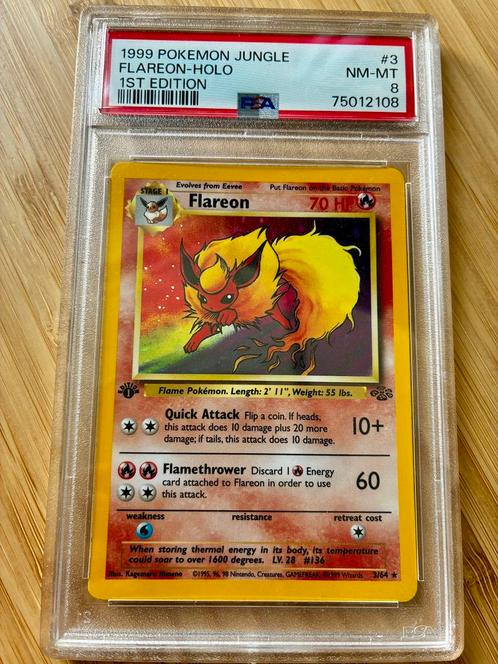 WOTC 1999 Pokemon Jungle - 1st Edition Flareon Holo PSA 8, Hobby en Vrije tijd, Verzamelkaartspellen | Pokémon, Zo goed als nieuw