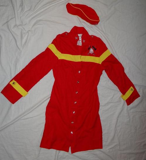 Leuk rood/geel brandweer/fire girl jurkje + hoedje, Kleding | Dames, Gelegenheidskleding, Gedragen, Overige typen, Maat 34 (XS) of kleiner