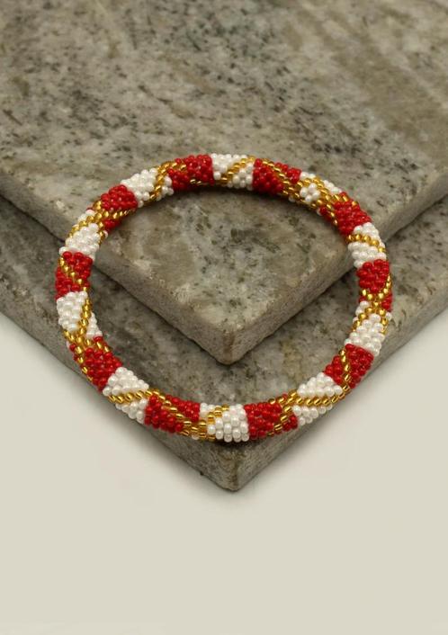 Glaskralen armband - goud, rood en wit - RB133, Sieraden, Tassen en Uiterlijk, Armbanden, Nieuw, Overige materialen, Verzenden