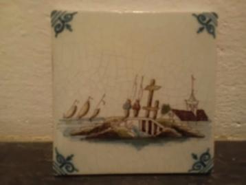 Makkummer Tegeltje 2 Vissers op brug Zeilschepen gebouw beschikbaar voor biedingen