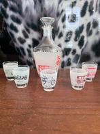 Vintage Franse Likeurset Karaf + 5 Glaasjes Oldtimer thema, Ophalen of Verzenden, Zo goed als nieuw, Borrel- of Shotglas