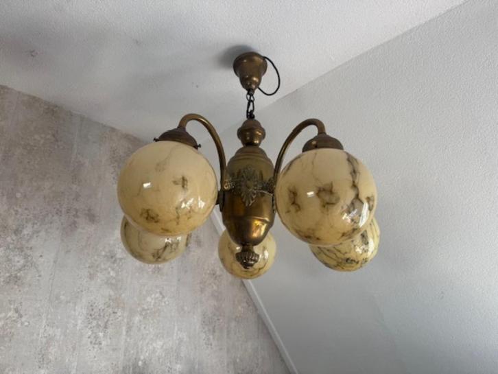 Oude plafondlamp - 5 armige  kroonluchter Scailmont art deco, Huis en Inrichting, Lampen | Plafondlampen, Gebruikt, Glas, Metaal