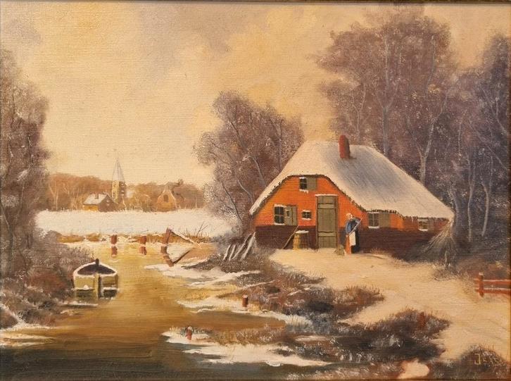 Olieverf schilderij – Winterlandschap – Gesigneerd J. SAS, Antiek en Kunst, Kunst | Schilderijen | Klassiek, Ophalen of Verzenden