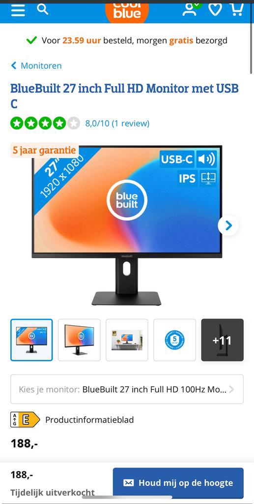 Blue Built 27" Full HD Monitor - Nieuw in doos!, Computers en Software, Monitoren, Nieuw, 61 t/m 100 Hz, HDMI, Gaming, IPS, Full HD