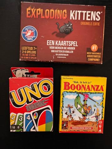 Spelletjes Exploding Kittens, Uno, Boonanza €5 p/s samen €10 beschikbaar voor biedingen