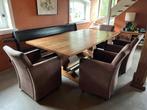 4 stevige eetkamerstoelen van nubuck leer op wieltjes, Huis en Inrichting, Stoelen, Ophalen, Gebruikt, Bruin, Leer