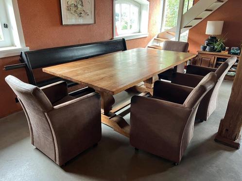 4 stevige eetkamerstoelen van nubuck leer op wieltjes, Huis en Inrichting, Stoelen, Gebruikt, Vier, Leer, Bruin, Ophalen