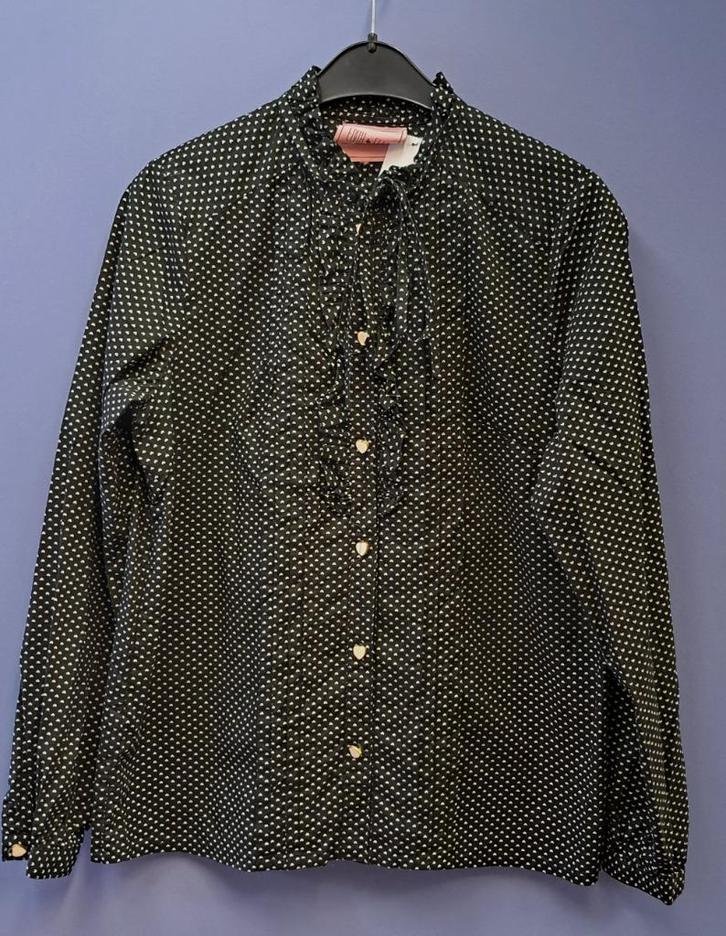 Edith & Ella zwarte blouse +hartjes patroon & knopen M 41128, Kleding | Dames, Blouses en Tunieken, Zo goed als nieuw, Maat 38/40 (M)