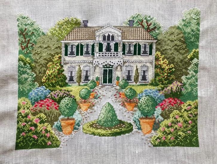 Borduurwerk, zijde, landhuis, villa, tuin, bloem, vintage, Hobby en Vrije tijd, Borduren en Borduurmachines, Ophalen
