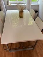 Witte eettafel (hoogglans) met witte stoelen, Huis en Inrichting, Ophalen, Zo goed als nieuw, Rechthoekig, 50 tot 100 cm