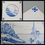 Tegel in blauw-wit,  landschap binnen cirkel met hoekmotief, Ophalen of Verzenden