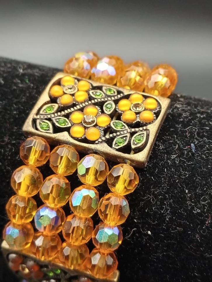 Vintage-stijl armband – Oranje kralen & groene bloemen, Sieraden, Tassen en Uiterlijk, Armbanden, Nieuw, Overige materialen, Oranje