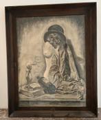 Houtskool tekening stilleven ingelijst van M. Maas, Ophalen