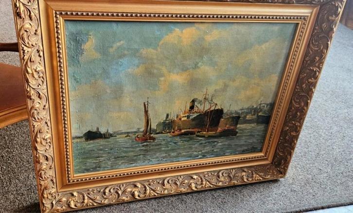 ROTTERDAMS MAASHAVENGEZICHT JAREN 60 OLIEVERF OP DOEK 75X55, Antiek en Kunst, Kunst | Schilderijen | Klassiek, Ophalen