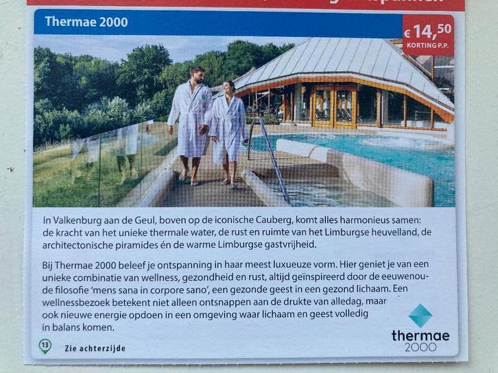 Kortingscode Thermae 2000, Tickets en Kaartjes, Kortingen en Cadeaubonnen, Drie personen of meer, Spa of Sauna, Overige soorten