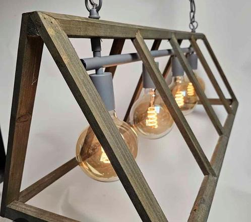 Industriële houten hanglamp, Huis en Inrichting, Lampen | Hanglampen, Zo goed als nieuw, Minder dan 50 cm, Hout, Metaal, Ophalen