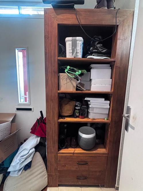 Teakhouten boeken- of voorraadkast met planken en lades, Huis en Inrichting, Kasten | Boekenkasten, Gebruikt, Minder dan 50 cm