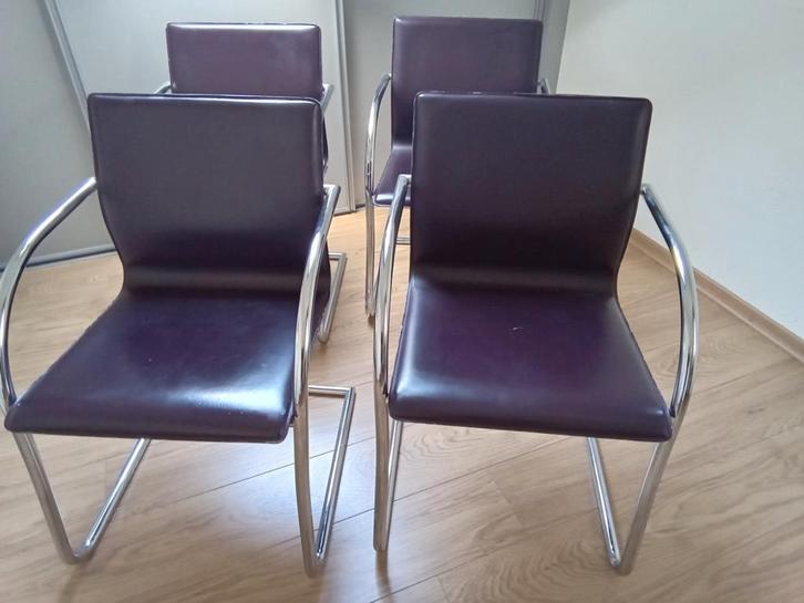 4 Aubergine Eetkamerstoelen met Chromen Sledepoot, Huis en Inrichting, Stoelen, Gebruikt, Vier, Leer, Ophalen
