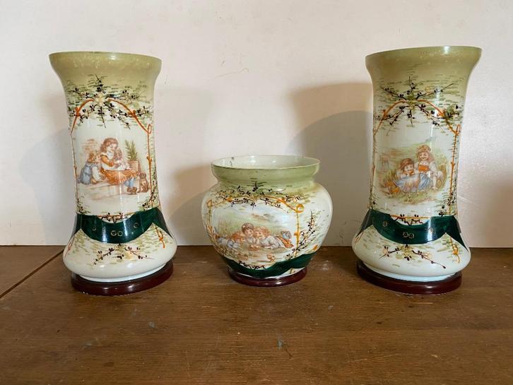 antiek opaline glazen kaststel, vazen jardiniere bloempot, Antiek en Kunst, Antiek | Vazen, Ophalen