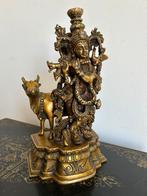 Bronzen beeld van de hindoegod Krishna met heilige koe Nanda, Ophalen of Verzenden