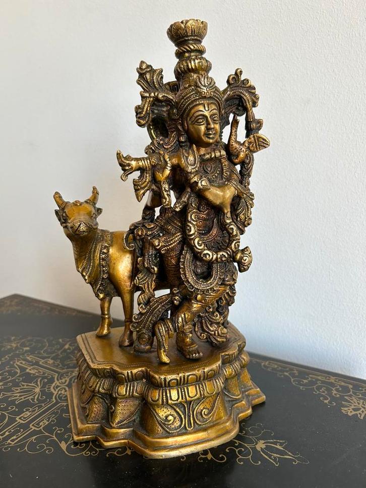 Bronzen beeld van de hindoegod Krishna met heilige koe Nanda, Antiek en Kunst, Kunst | Niet-Westerse kunst, Ophalen of Verzenden