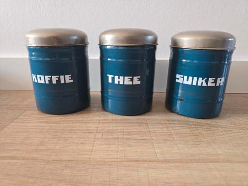 Prachtige antieke Petrol Blauwe bussenset koffie thee suiker, Antiek en Kunst, Antiek | Emaille, Ophalen of Verzenden