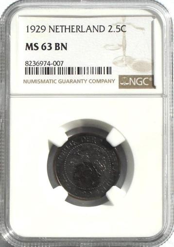 Nederland 2,5 cent 1929 (in NGC slab, MS63BN) beschikbaar voor biedingen