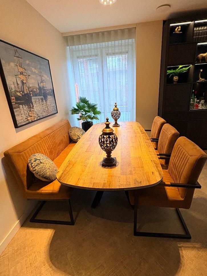 Eetkamerstoelen + bank 165 cm Pronto cognac, Huis en Inrichting, Stoelen, Zo goed als nieuw, Drie, Stof, Overige kleuren, Ophalen