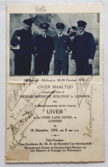 Dubbele Menukaart Bemanning Uiver Melbourne Race 1934 beschikbaar voor biedingen