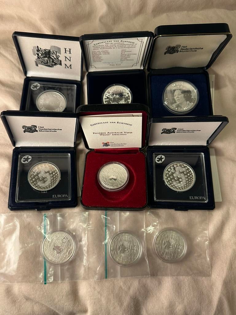 8x 5 Euro .925 proof plus 1x 10 Euro .925 proof, Postzegels en Munten, Ophalen of Verzenden, Koningin Beatrix, Euro's, Zilver