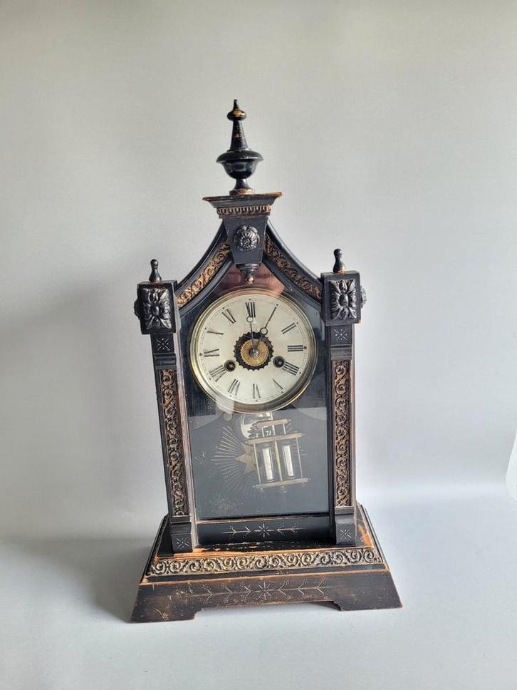 Antieke Pendule Klok -JUNGHANS- Zwart met Gouden Accenten, Antiek en Kunst, Antiek | Klokken, Verzenden