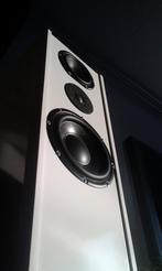 Set elegante witte zuil luidsprekers obv Seas en Peerless, Zo goed als nieuw, 120 watt of meer, Front, Rear of Stereo speakers