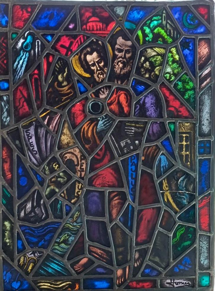 Glas in lood raam met religieuze voorstelling, Antiek en Kunst, Kunst | Designobjecten, Ophalen of Verzenden