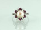 Vintage witgouden ring met parel en robijnen, Ophalen of Verzenden, Goud, Ring, Met edelsteen