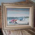 Franse strand scène, olie op canvas 54 x 45 cm, Ophalen of Verzenden
