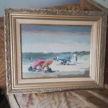 Franse strand scène, olie op canvas 54 x 45 cm beschikbaar voor biedingen