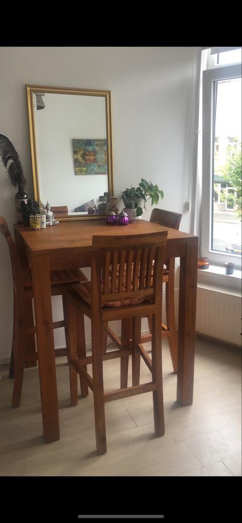 Teak houten tafel met 3 stoelen, Huis en Inrichting, Tafels | Eettafels, Gebruikt, 100 tot 150 cm, Drie personen, Vierkant, Eikenhout