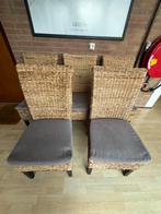 5 rieten eetkamerstoelen met grijze kussens, Ophalen, Gebruikt, Riet of Rotan, Grijs
