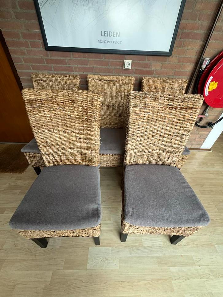 5 rieten eetkamerstoelen met grijze kussens, Huis en Inrichting, Stoelen, Gebruikt, Vijf, Zes of meer stoelen, Riet of Rotan, Grijs